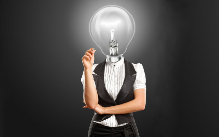 woman in business with light bulb head banner